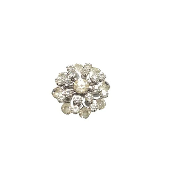 Faceted White Crystal Flower Circle Brooch Pin Silver Tone Vintage (K) - Picture 2 of 4